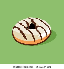 A tasty vanilla-glazed donut with chocolate drizzle on a soft green background