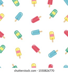 Tasty various popsicles. Frozen ice. Lolly pop. Minimalistic icons. Colored vector seamless pattern. Cartoon style, simple flat design. Trendy illustration