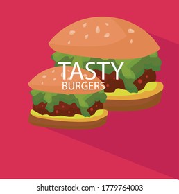 Tasty vector burgers with dark shadow and red background. Made with love.
