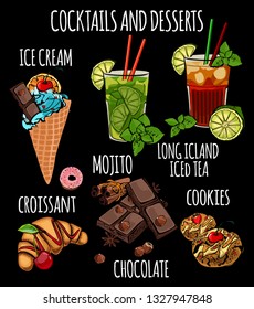 Tasty vector dessert and drinks on black background, chocolate, cookies, ice cream, croissant, donut, mojito, long island iced tea isolated