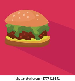 Tasty vector illustration art. Delicious burger with dark shadow and red background. 