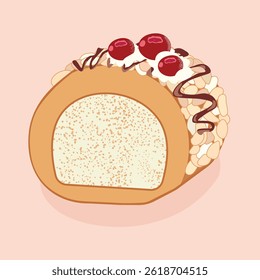 Tasty vector illustration of a creamy almond cake roll topped with whipped cream, bright red cherries, sliced almonds, and a chocolate drizzle. Perfect for bakery, patisserie, dessert menus.