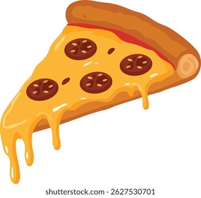 Tasty vector illustration of a pizza slice with melted yellow mozzarella cheese and toppings, drawn in flat design with solid colors. Perfect for restaurant branding, pizzeria menus, mobile apps.