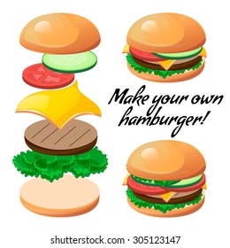 Tasty vector ingredients to make a custom burger. Design element for cafe and restaurant menu illustration, fast food poster or for logotype. 3d cartoon design of food. Information template banner.