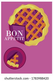 Tasty vector pie with bright berries and pink background. Made with love and harmony.
