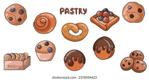 Tasty vector set with pastry. Buns, croissant, cookies, muffins, cake, bagel