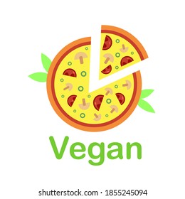 Tasty vegan and vegetarian cut pizza with mushrooms and plant based cheese. Concept of fast food perfect for vegan products commercial, restaurants. Flat stock isolated illustration.