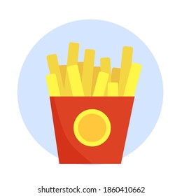 Tasty vegan and vegetarian french fries with red packing without animal fat. Concept of fast food perfect for vegan products commercial, restaurants. Flat stock isolated illustration.
