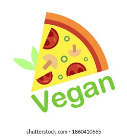 Tasty vegan and vegetarian pizza slice with mushrooms and plant based cheese. Concept of fast food perfect for vegan products commercial, restaurants. Flat stock isolated illustration.