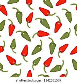 Tasty Vegetable Pattern with red and green pepper on white background. Vector illustration as fabric, textile, clothes.