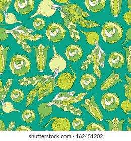 Tasty vegetables background  with  cabbage, vegetables. Harvest  continuous seamless pattern.