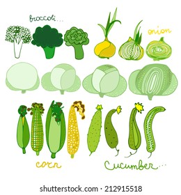 Tasty vegetables in bright set - broccoli, onions, corn, cabbage, cucumber. Vegetarian concept collection in cartoon style