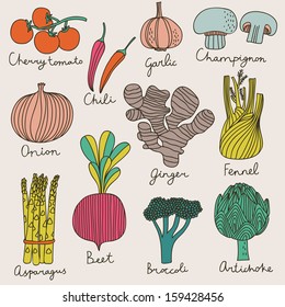 Tasty vegetables in bright set - cherry tomato, chili, garlic, champignon, onion, ginger, fennel, asparagus, beet, broccoli, artichoke. Vegetarian concept collection in cartoon style