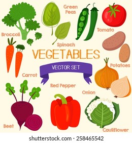 Tasty vegetables in bright set. Spinach, broccoli, carrots, beet, pepper, cauliflower, potatoes, onion, tomatoes and green peas 