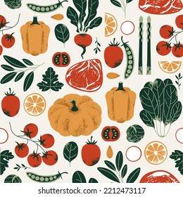 Tasty vegetables seamless pattern. Pumpkin with spinach and pepper. Food ingredients. Vector illustration.