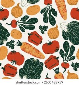 Tasty vegetables seamless pattern. Radish with carrot and spinach with pepper. Food ingredients. Vector illustration.