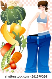 Tasty Vegetarian Diet and Healthy Food, Success Weight Loss - happy smiling and cute young female and sweet fruits and fresh vegetables on white background of pink chess patterns : vector illustration