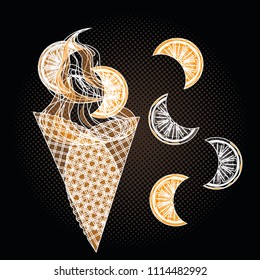 tasty waffle icecream with pieces of orange on black background