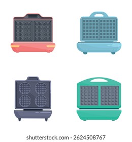 Tasty waffle icons set cartoon vector. New electric waffle maker. Kitchen appliance