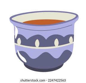 Tasty warm beverage in cup with geometric or oriental motif. Isolated icon of mug with no handle, tea drink made of herbs and fresh ingredients. Breakfast or cafe time. Vector in flat style