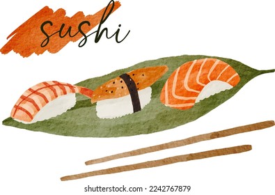 Deliciosa colección de sushi nigiri acuarela. fondo de comida asiática para promoción, banner, menú, volante y, papel. Ilustración de vectores aislada