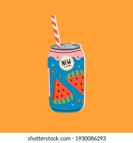 Tasty Watermelon Soda. Soft Drink in aluminum Can. Carbonated water with fruit flavor. Asian, Japanese Kawaii style. Hand drawn colorful Vector illustration. Icon, logo or Poster template