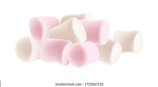 Tasty white and pink marshmallows isolated on white background.