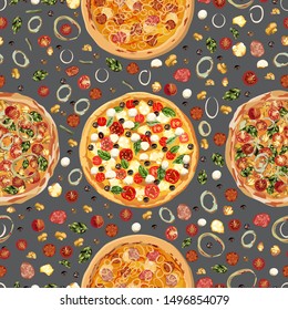 Tasty wholesome food. Real hot pizza. Pizza with fried bacon, tasty red pepper and green beans. Nice and quick lunch. Recipes of classic Italy. Seamnless vector illustration.