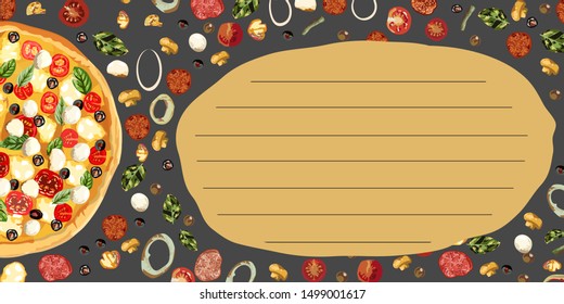 Tasty wholesome food. Real hot pizza. Pizza with fried bacon, tasty red pepper and green beans. Nice and quick lunch. Recipes of classic Italy. Vector illustration.