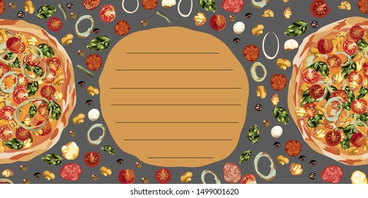 Tasty wholesome food. Real hot pizza. Pizza with fried bacon, tasty red pepper and green beans. Nice and quick lunch. Recipes of classic Italy. Vector illustration.