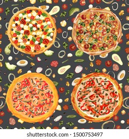 Tasty wholesome food. Real hot pizza. Pizza with fried bacon, tasty red pepper and green beans. Nice and quick lunch. Recipes of classic Italy. Seamnless vector illustration.