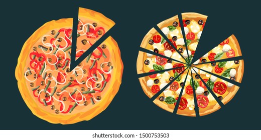 Tasty wholesome food. Real hot pizza. Pizza with fried bacon, tasty red pepper and green beans. Nice and quick lunch. Recipes of classic Italy. Vector illustration.