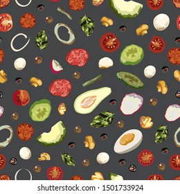 Tasty wholesome food. Real hot pizza. Pizza with fried bacon, tasty red pepper and green beans. Nice and quick lunch. Recipes of classic Italy. Seamnless vector illustration.