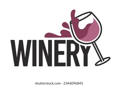 Tasty wine and winery, organic production of alcoholic beverages. Delicious alcohol from farm, new season and taste. Logotype with glass and splashes, shop or store logo. Vector in flat style