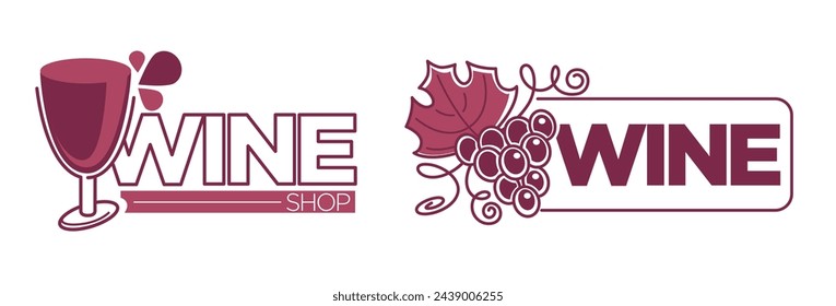 Tasty wine and winery, organic production of alcoholic beverages. Banners of logos with glass with splashes of fresh alcohol and bunch of grapes. Drink for bars and shops. Vector in flat style