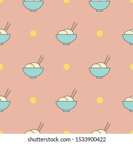 Tasty wok noodles, chopsticks. Fast food. Asian cuisine. Minimalistic food icon. Colored vector seamless pattern. Equal interval. Cartoon style, simple flat design. Trendy illustration. Red background