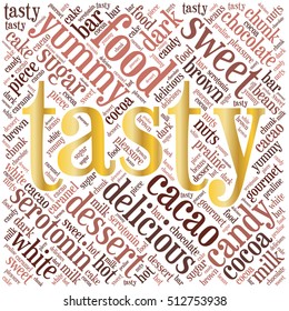 Tasty. Word cloud inscribed in a square. Food concept.