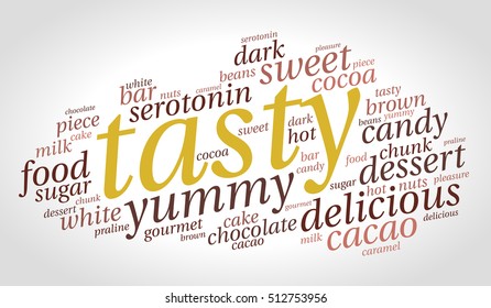 Tasty. Word cloud, italic font, grey background. Food concept.