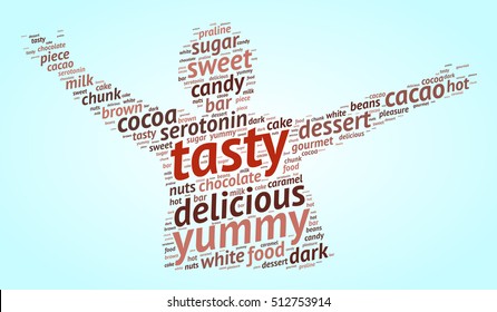 Tasty. Word cloud in shape of a man, gradient blue background. Sweet man.