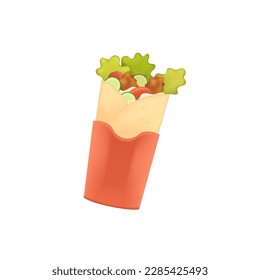 Tasty wrap with vegetables and chicken 3D illustration. Cartoon drawing of meal with cucumber, tomato, mayonnaise and meat in 3D style on white background. Fast food, snacks concept