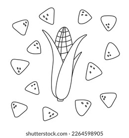 Tasty yellow crispy mexican nachos pattern around the corn. Vector flat Mexican food illustration for menu of cafe or restaurant