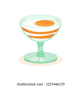 Tasty yogurt with persimmon in glass. Appetizing fruit dessert. Sweet food theme. Flat vector icon