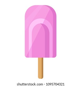 Tasty, yummy, delicious, tasteful, pink ice cream on a wooden stick. Sweets, refreshing food, summer, beach, heat, sea. Modern vector flat design image isolated on white background. Cartoon