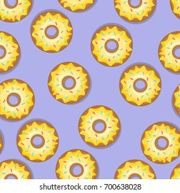 Sabroso patrón de donuts deliciosos sobre fondo azul. Ilustración del vector