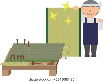 A tatami craftsman holding a finished tatami and making a fist pose