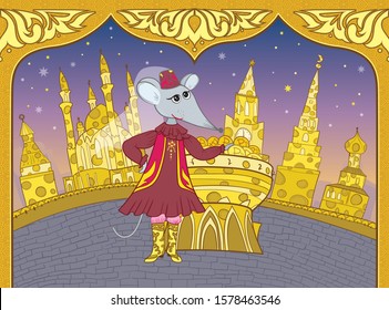 Tatar Muslim Mouse 2020 Year Symbol Vector Illustration
Funny card with eastern national clothes rat and cheese buildings