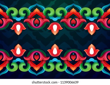 Tatar Native Ornamental border in Arabic and Turkish style. Original hand made ornamental circle with colorful gradients in tatar tradition. Floral pattern with tulips and hearts. Classy and fresh