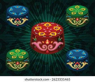Tatar Native Ornamental headwear Tubatay in Kazakh and Turkish style. Original hand made ornaments with colorful gradients in tatar tradition. Floral pattern with tulips and floral patterns. National