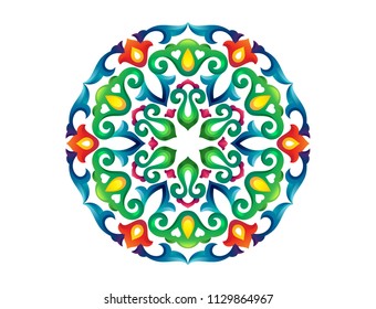 Tatar Native Ornamental mandala in Persian and Turkish style. Original hand made ornamental circle with colorful gradients in eastern tradition. Floral pattern with tulips and hearts. Classy and fresh