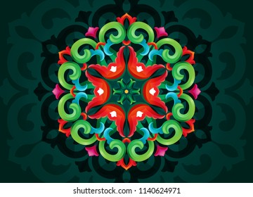 Tatar Native Ornamental Rosette in Arabic and Turkish style on pattern background. Original hand made ornamental circle with colorful gradients in tatar tradition. Floral pattern with tulip and heart